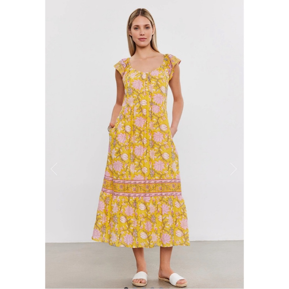 Velvet by Graham & Spencer Yellow and Pink Floral Midi Dress New with tag!